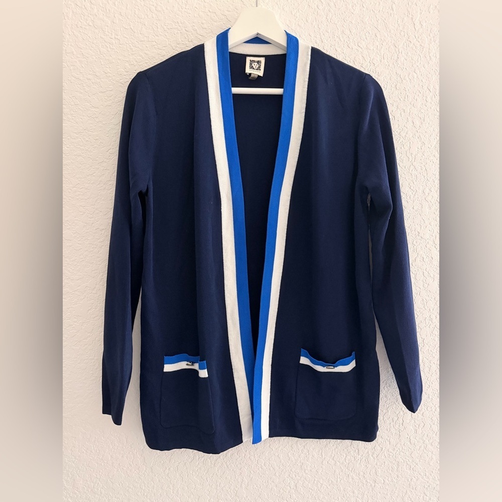 Anne Klein Navy Cardigan with White & Blue Trim